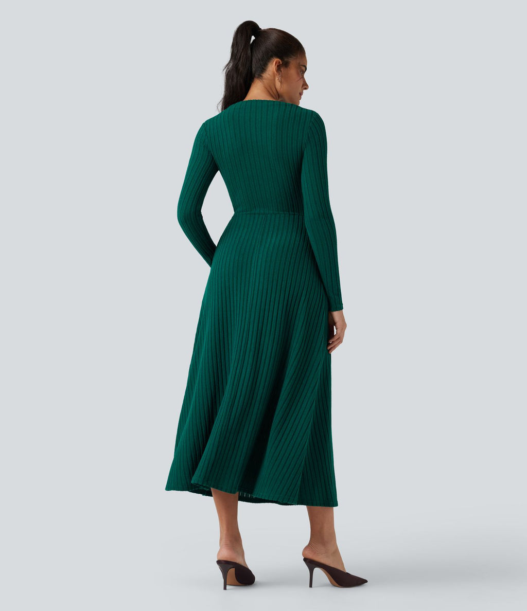 Robe mi-longue côtelée manches longues avec poches