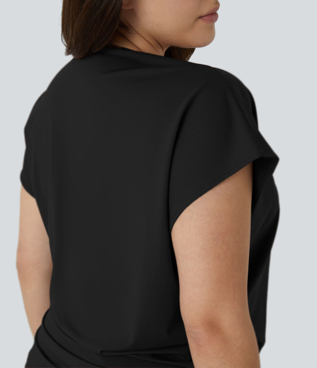 Blouse Travail Unie Froncée Croisée Manches Courtes Col en V Grande Taille
