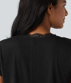 T-shirt décontracté en dentelle col V manches courtes