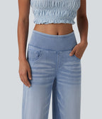 Halara Flex™ Jean large casual baggy taille mi-haute en lyocell drapé effet délavé, avec poches