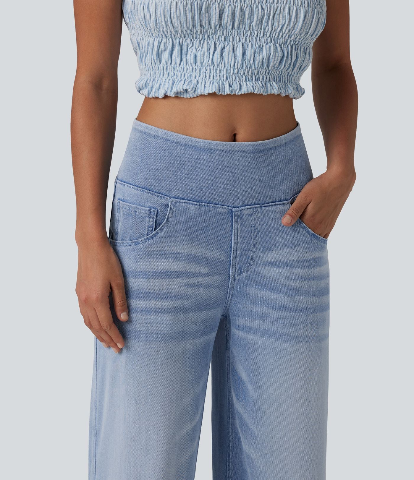 Halara Flex™ Jean large casual baggy taille mi-haute en lyocell drapé effet délavé, avec poches