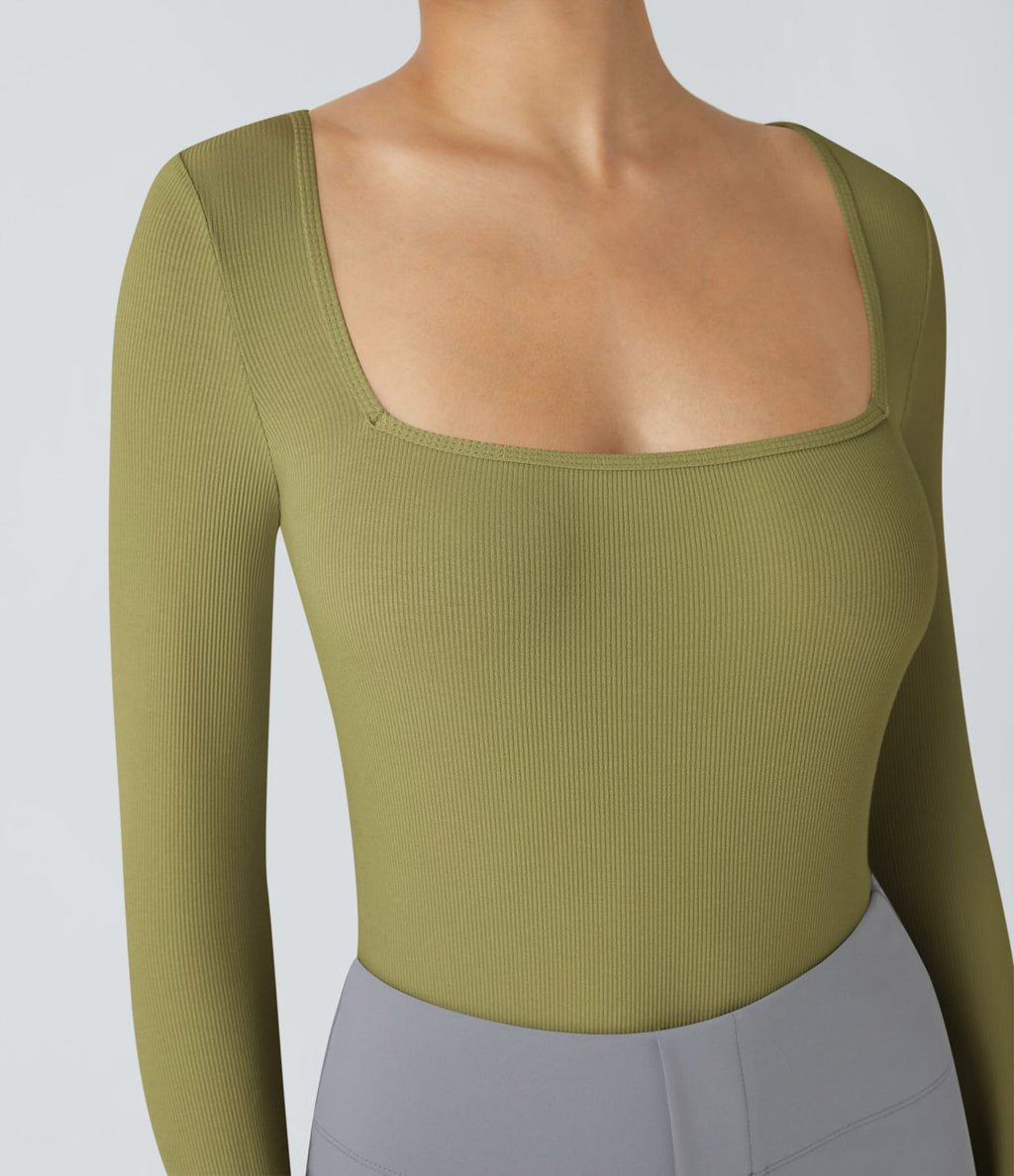 Bodysuit de Travail Tricot Côtelé Col Carré Manches Longues Boutonné Silhouette Élancée