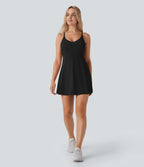 Softlyzero™ Airy Robe de danse courte évasée dos-nu 2-en-1 avec dos nageur, bretelles ajustables et poches latérales - Édition Easy Peasy