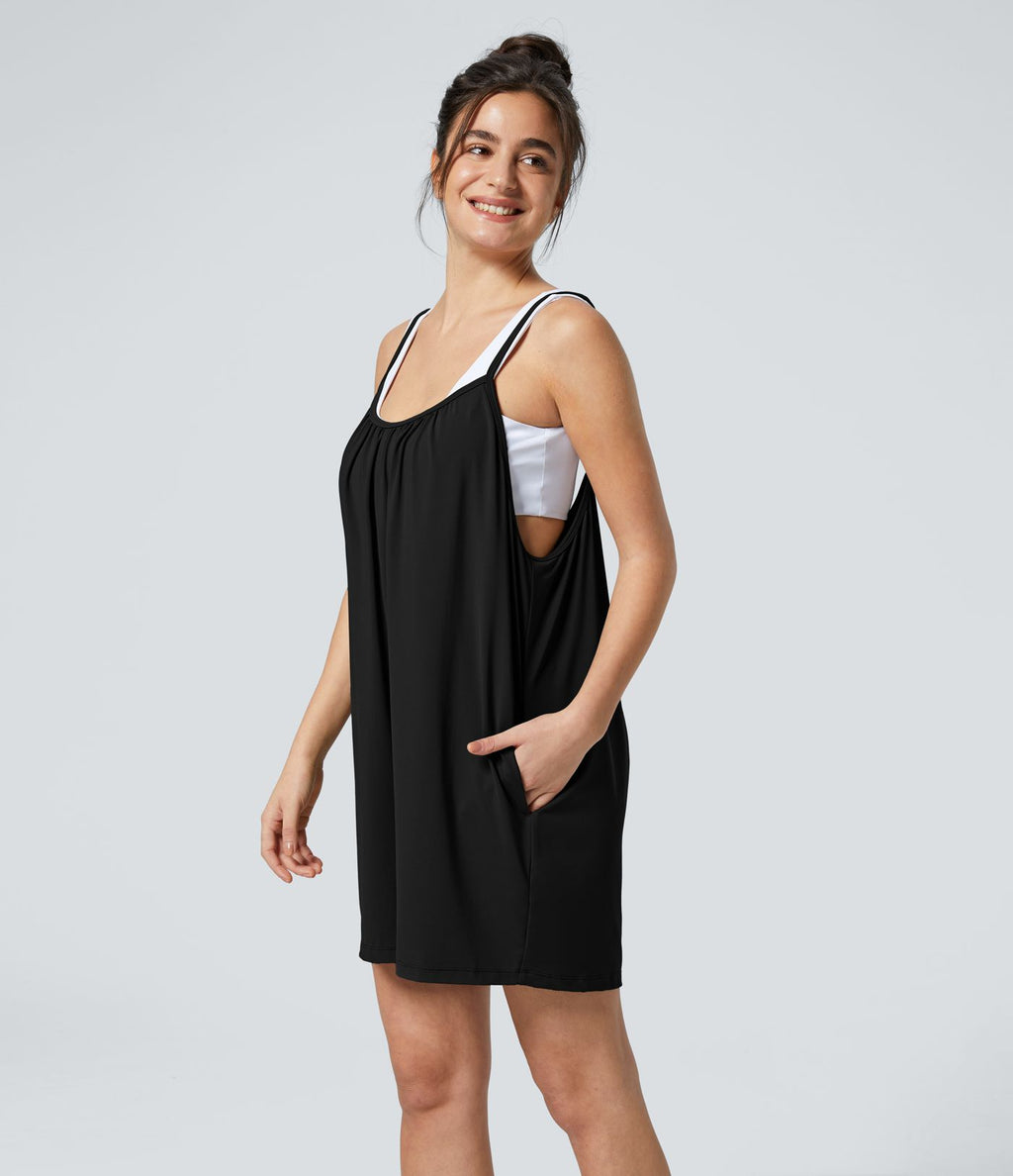 Combinaison Large Casual à Jambes Larges Solide avec Fines Bretelles Réglables Poches Latérales Plissées