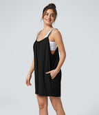Combinaison Large Casual à Jambes Larges Solide avec Fines Bretelles Réglables Poches Latérales Plissées