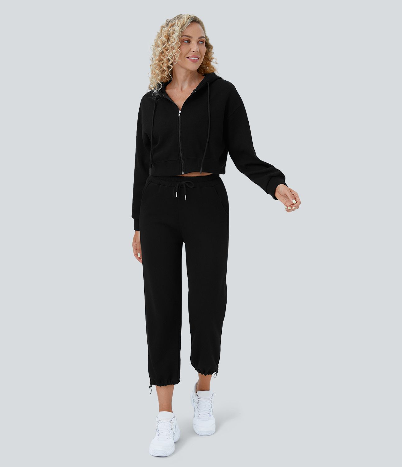 Sweatshirt en Coton Casual à Manches Longues avec Cordon de Serrage et Zipper Style Waffle