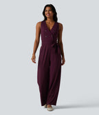 Combinaison tailleur sans manches à col V, ceinturée, avec zip invisible, rayures et effet frais avec poches, accès facile Easy Peasy