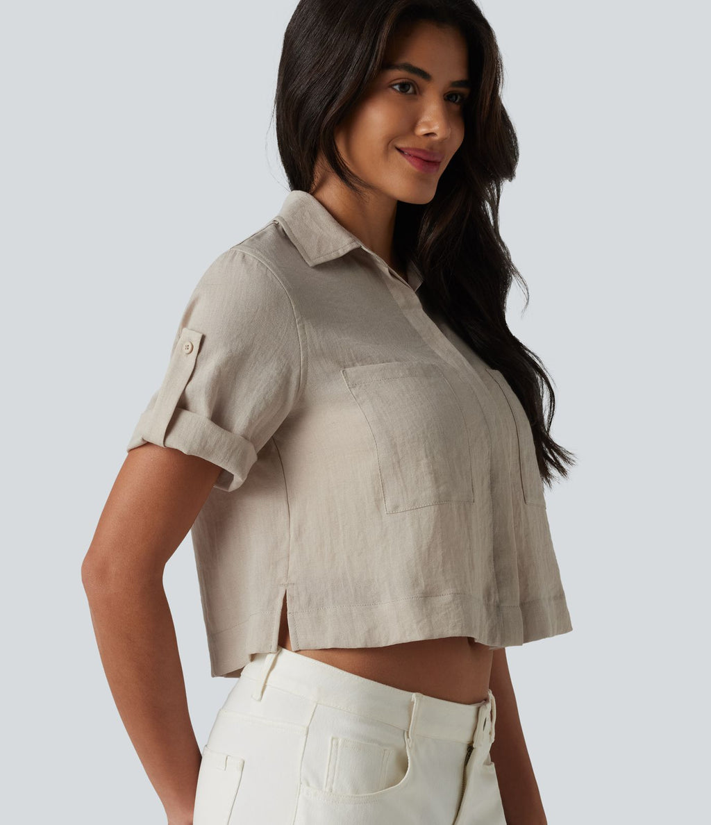 Chemise courte col classique manches courtes retroussées en mélange lin avec poches