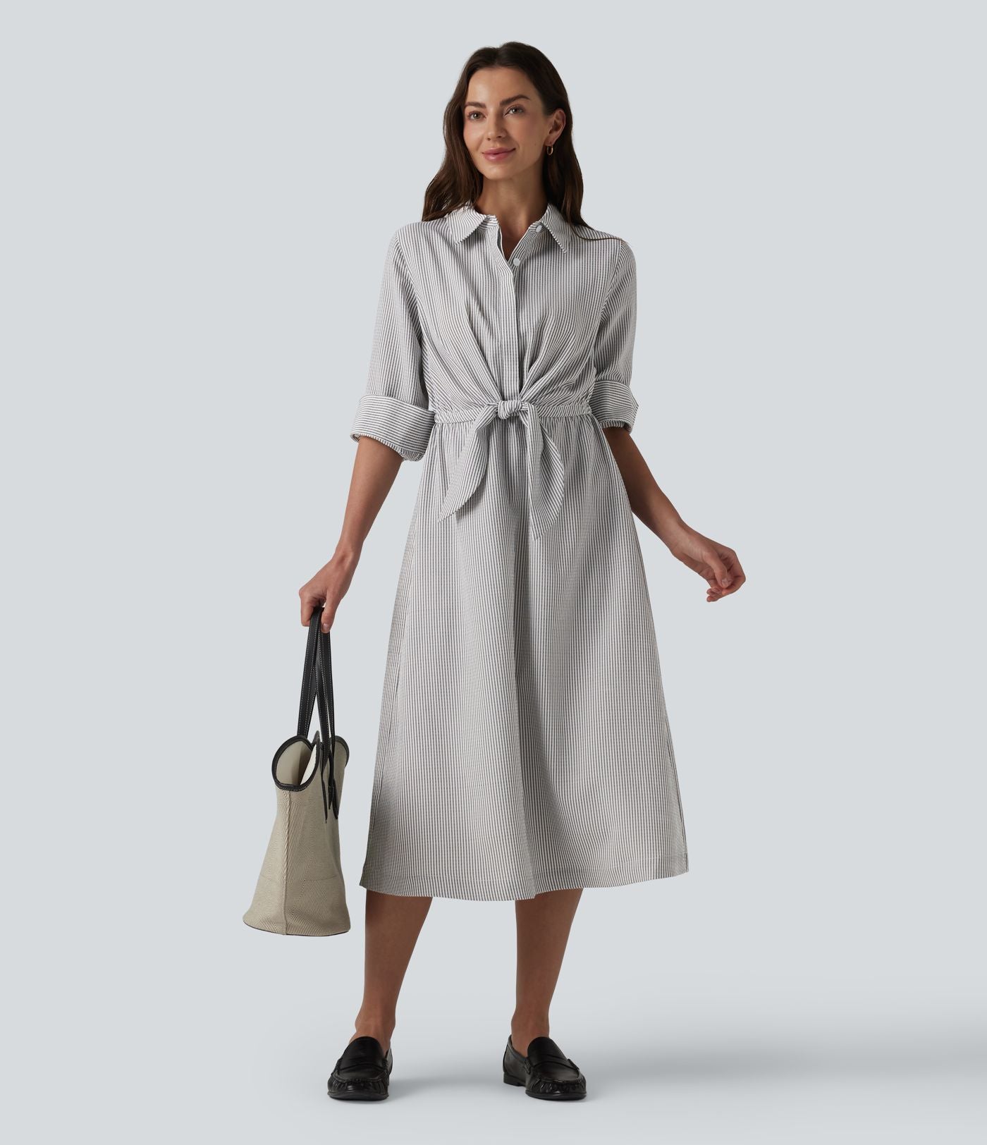 Robe chemise midi habillée à col, manches longues, lien à nouer devant et rayures