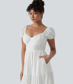 Robe midi décontractée à volants, col Queen Anne, manches bouffantes froncées et poches