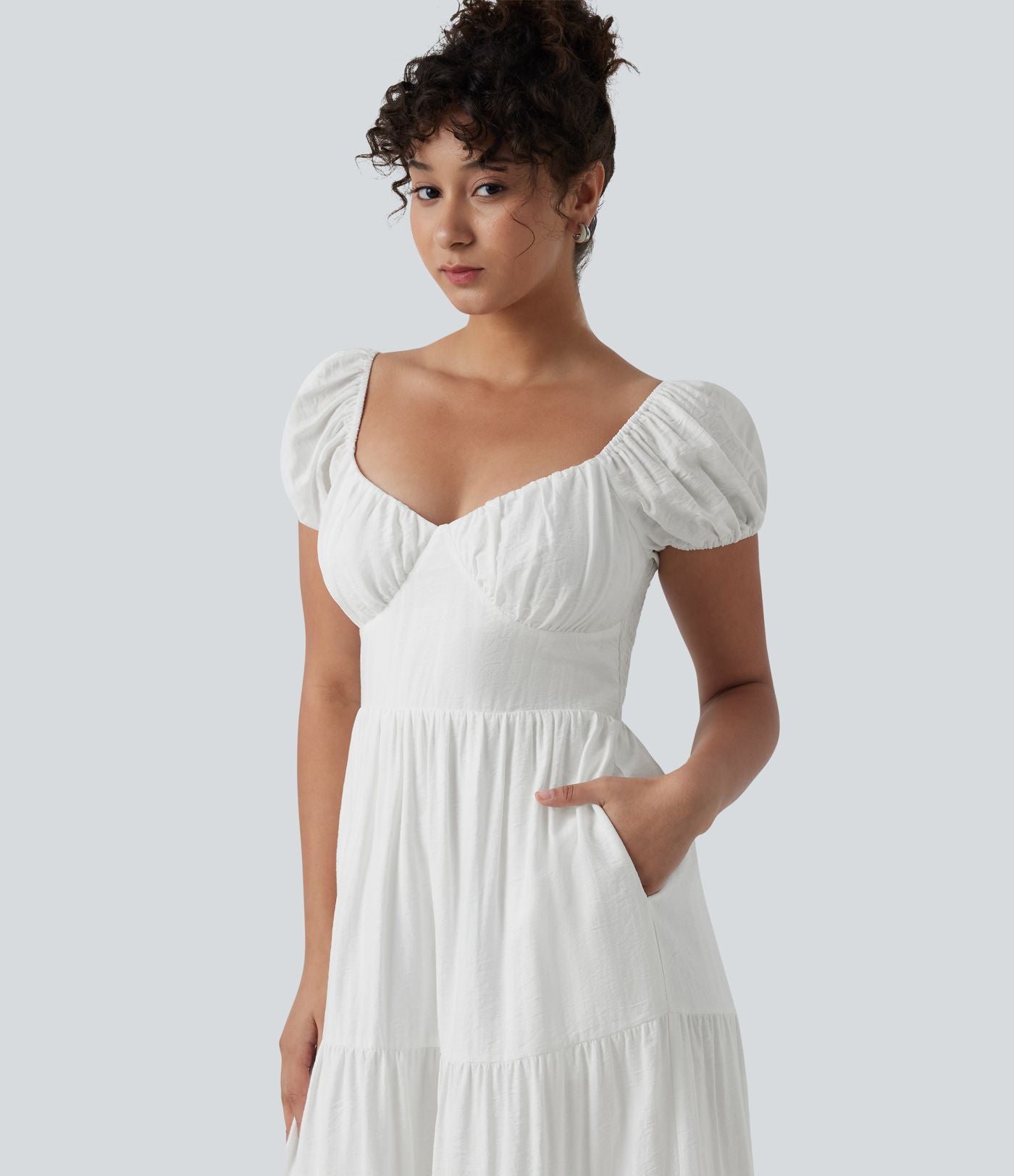 Robe midi décontractée à volants, col Queen Anne, manches bouffantes froncées et poches