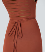 Robe Casual Midi 2 Pièces Capuche Col Montant Sans Manches Fendue avec Découpe Dos Nœud Côtelée