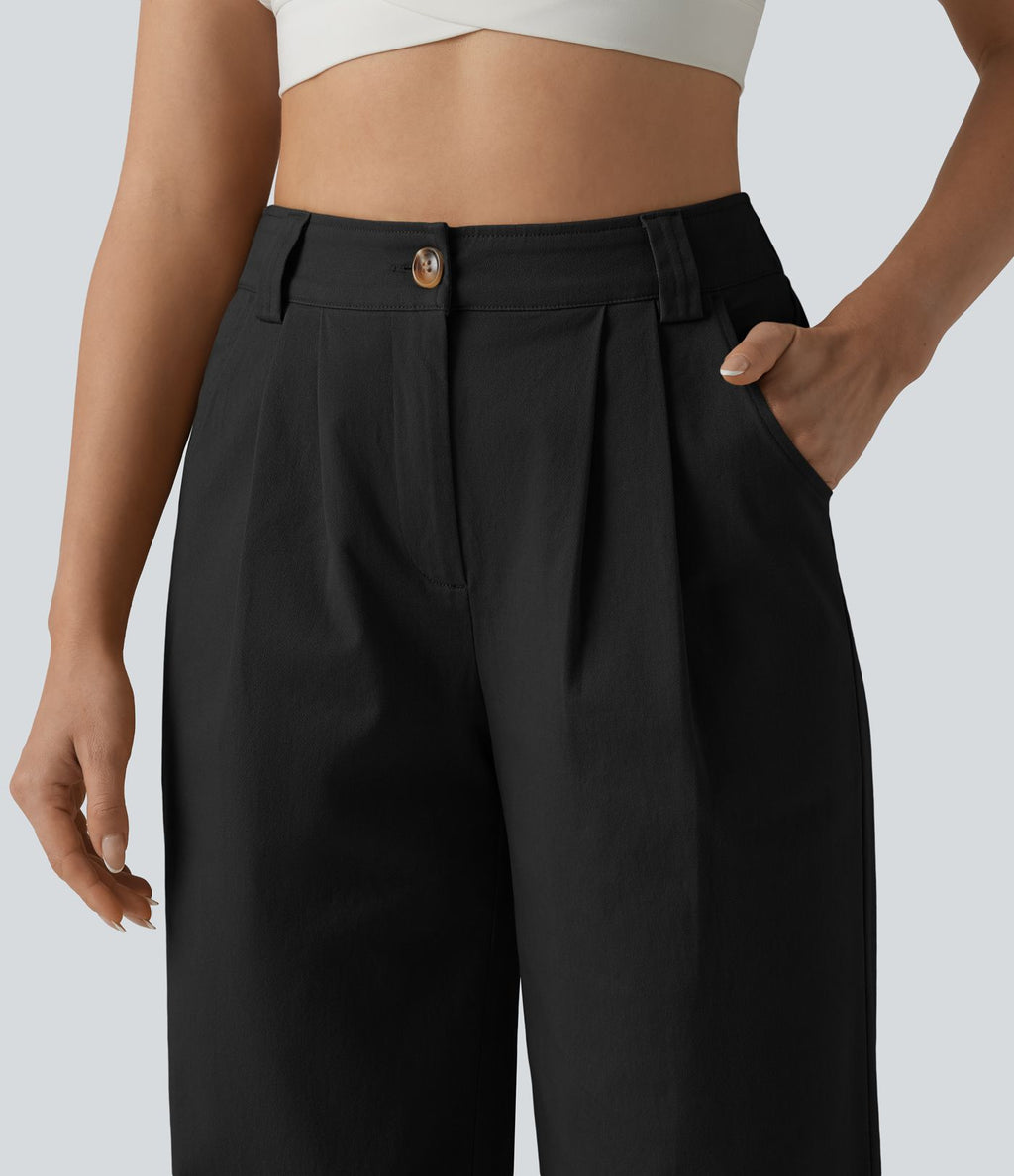 Pantalon chino décontracté en coton, taille haute, plissé, jambe droite, avec poches