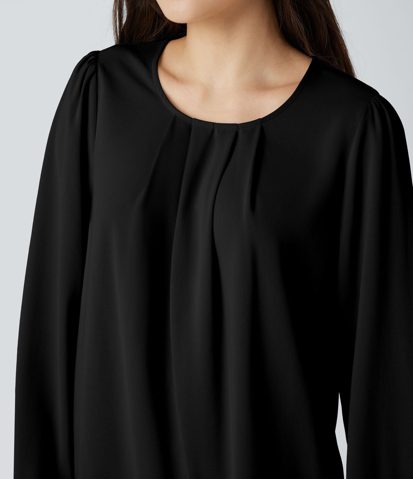Blouse tailleur décontractée col rond dos keyhole manches bouffantes ourlet arrondi