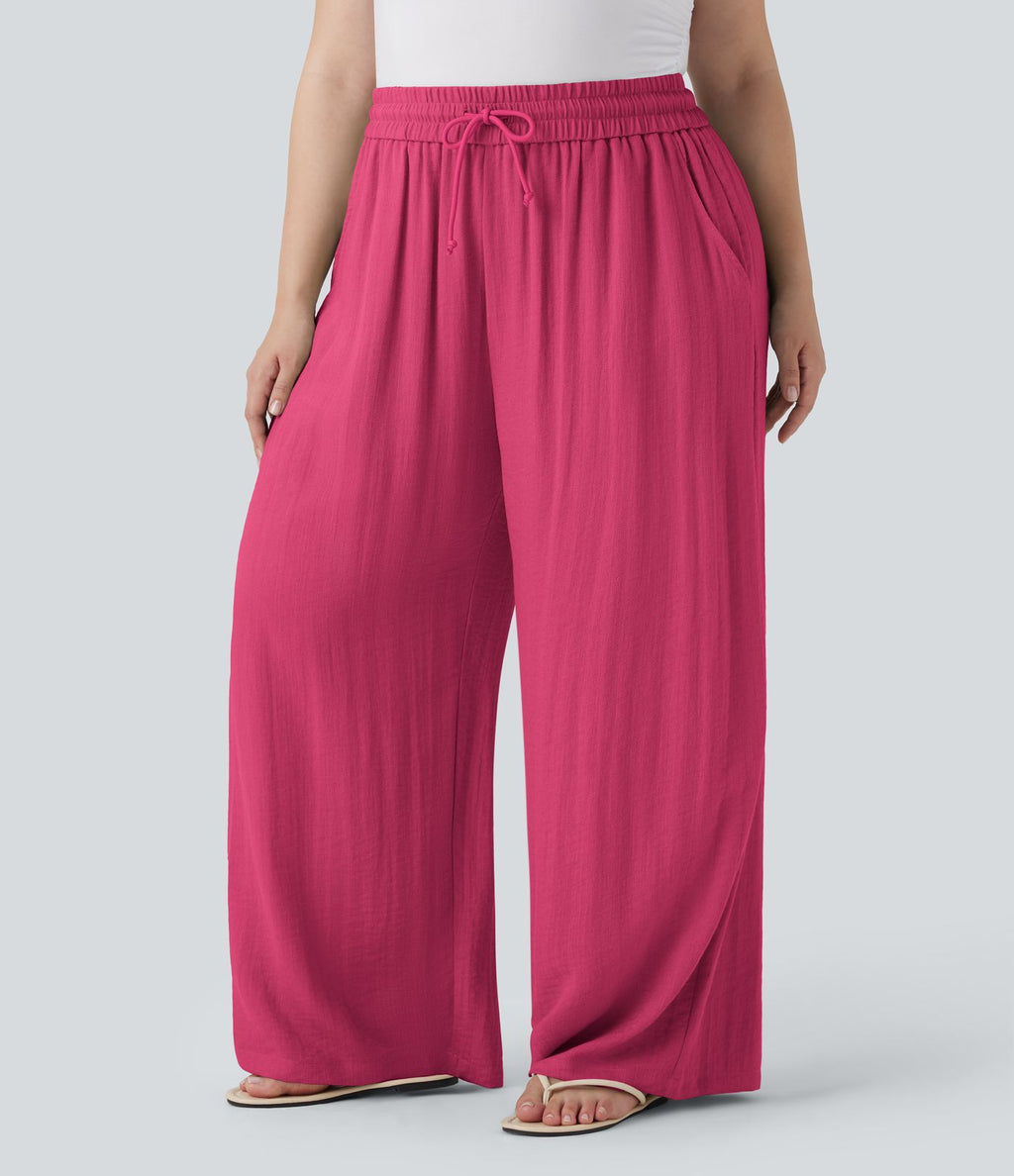 Pantalon décontracté grande taille large fluide taille haute effet lin avec cordon de serrage et poches