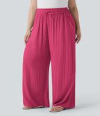 Pantalon décontracté grande taille large fluide taille haute effet lin avec cordon de serrage et poches