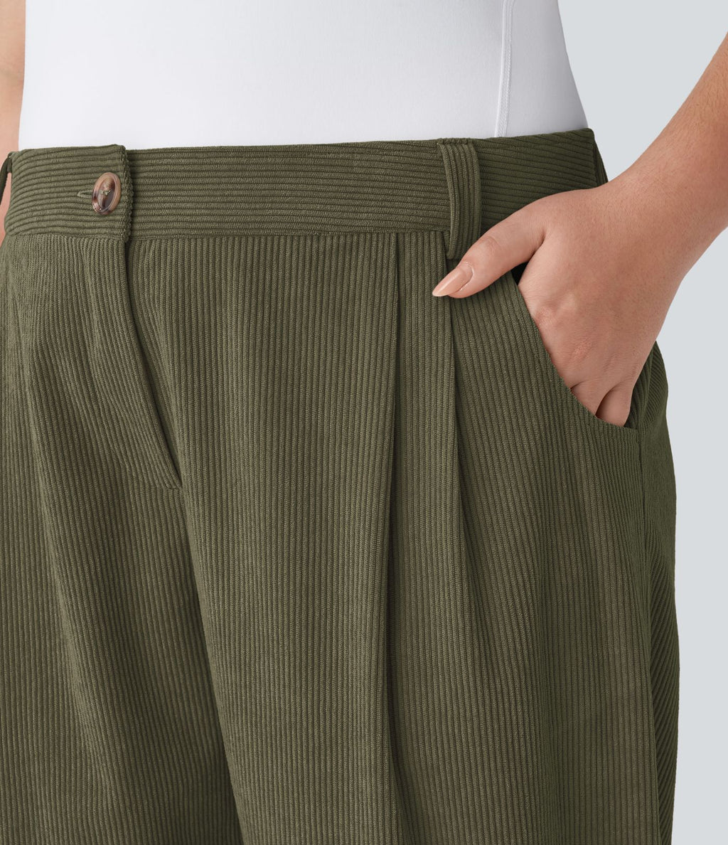 Pantalon Casual Grande Taille Velours Côtelé Taille Mi-haute Boutonnés Fermeture Éclair Poches Latérales