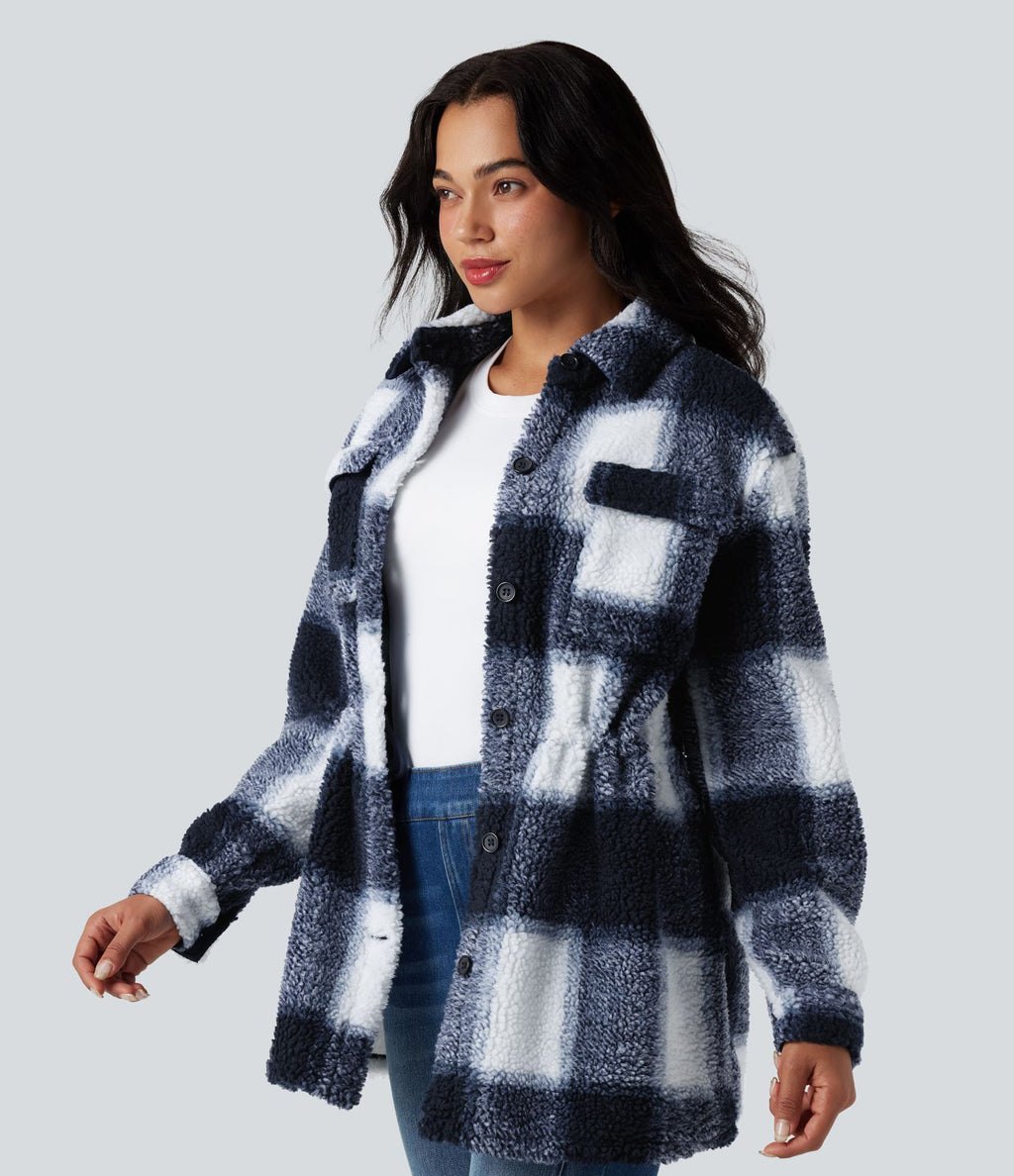 Veste sherpa carreaux manches longues avec cordon de serrage intérieur et poches
