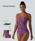Maillot de bain une pièce col carré soutien-gorge intégré ventre plat cordon de serrage imprimé léopard