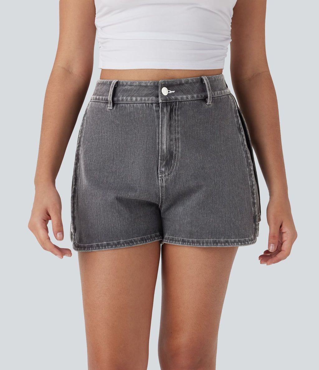 Short décontracté en denim extensible Halara Flex™ taille haute avec bouton, fermeture éclair et ourlet courbé 7,5 cm