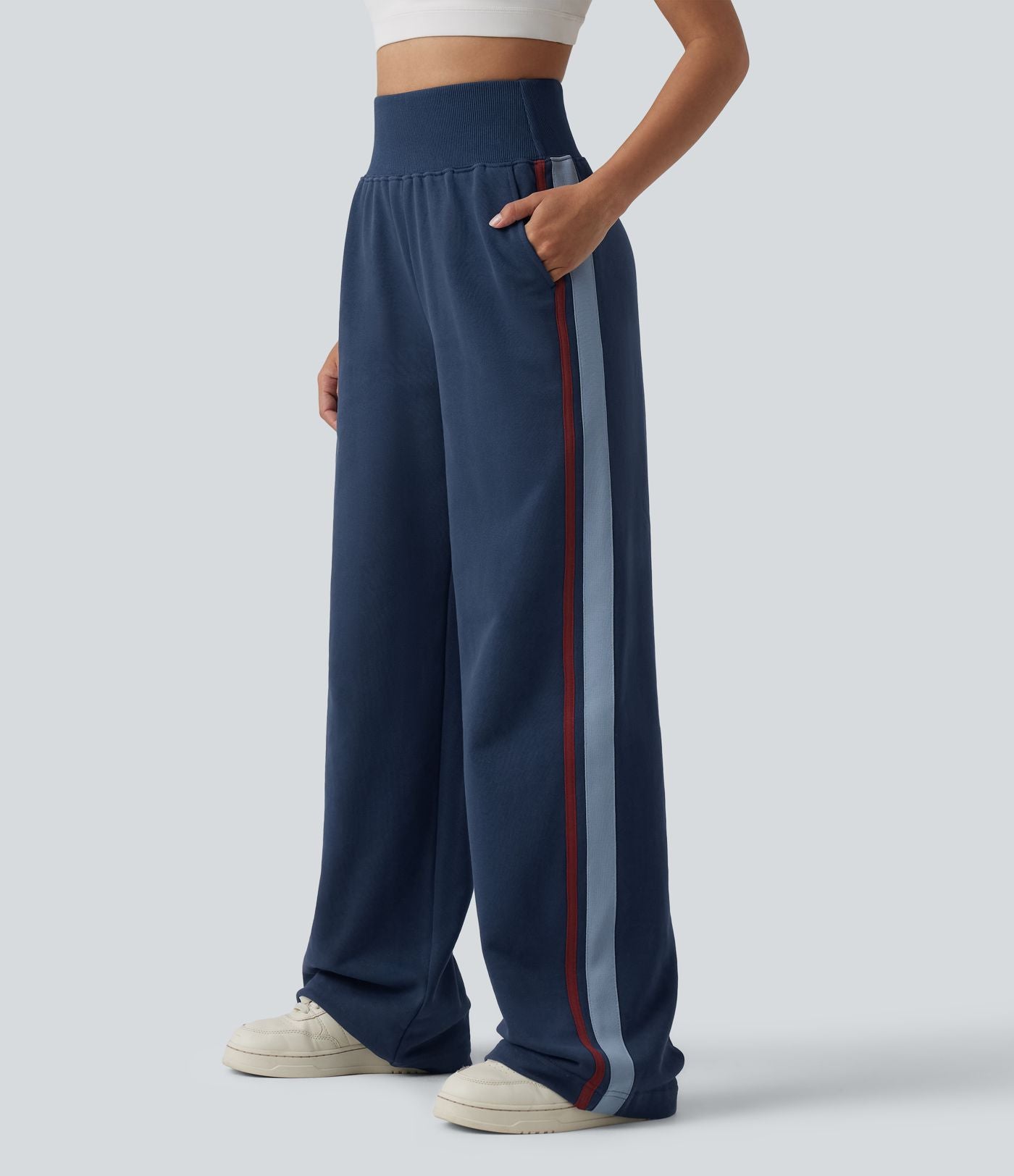 Pantalon de jogging casual coton large gainant à rayures taille haute avec poches