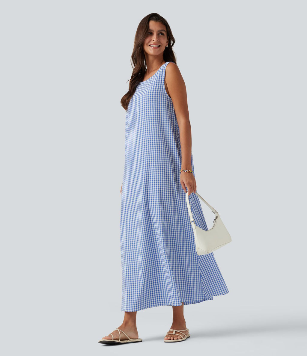 Robe débardeur midi décontractée col rond sans manches en vichy froissé avec poches