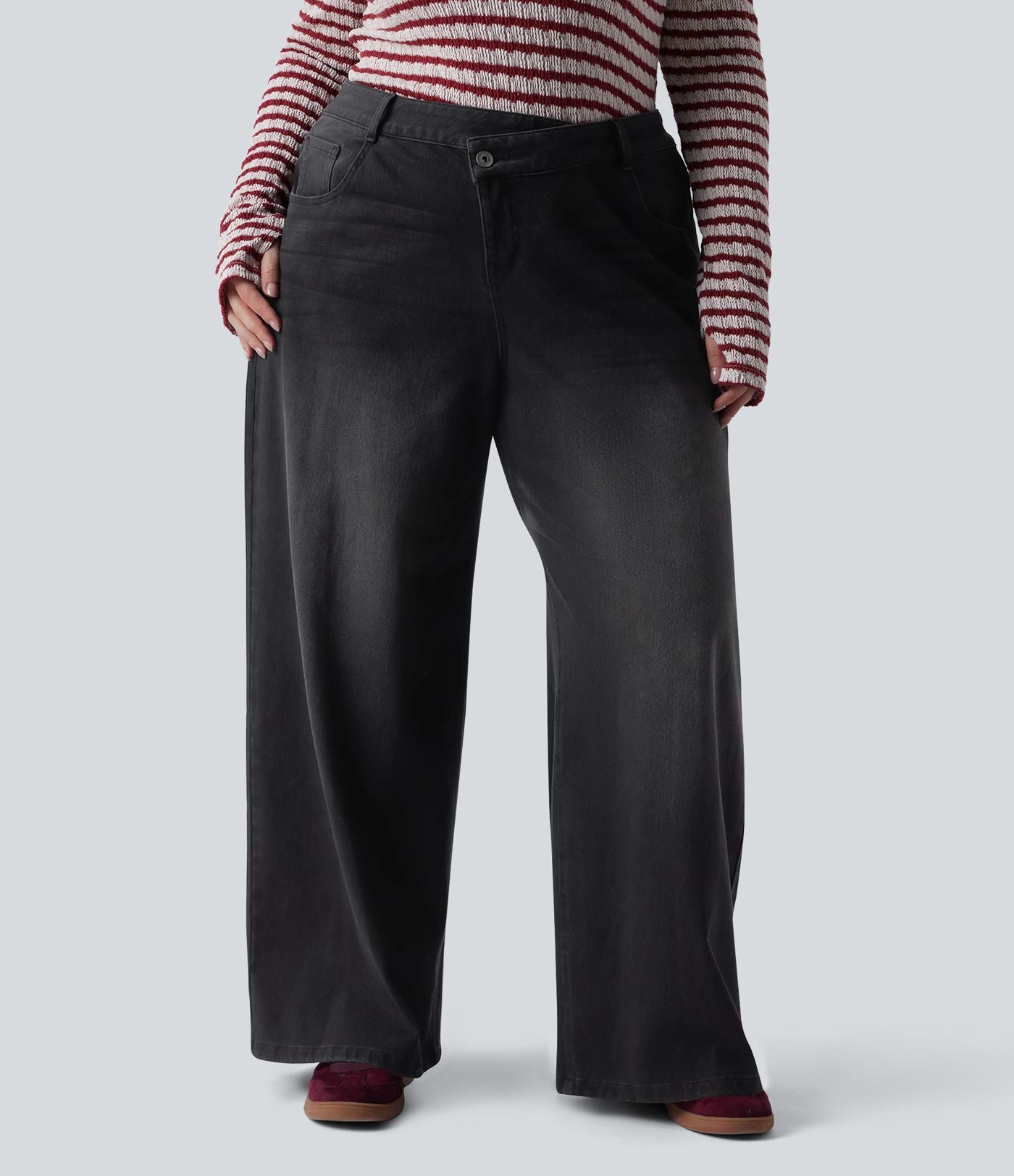 Jean décontracté grande taille Halara Flex™ asymétrique taille basse jambes larges effet délavé avec poches