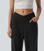 Pantalon casual capri large croisé taille mi-haute avec poches