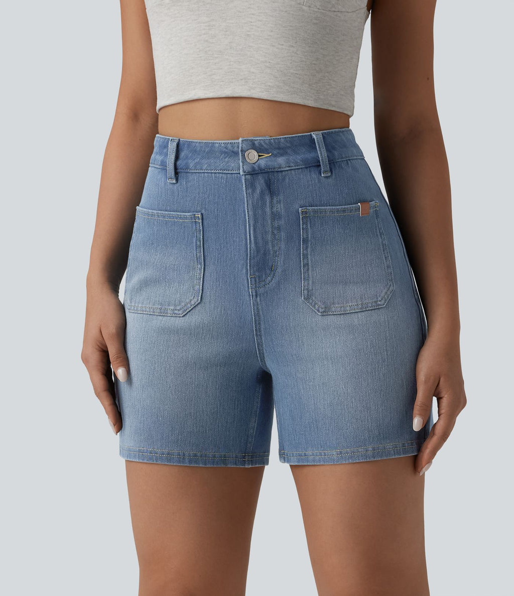 Short denim décontracté Halara Flex™ délavé taille haute 10 cm avec poches