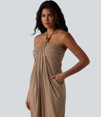 Robe longue estivale col licou dos nu avec lien soutien-gorge intégré aspect lin avec poches