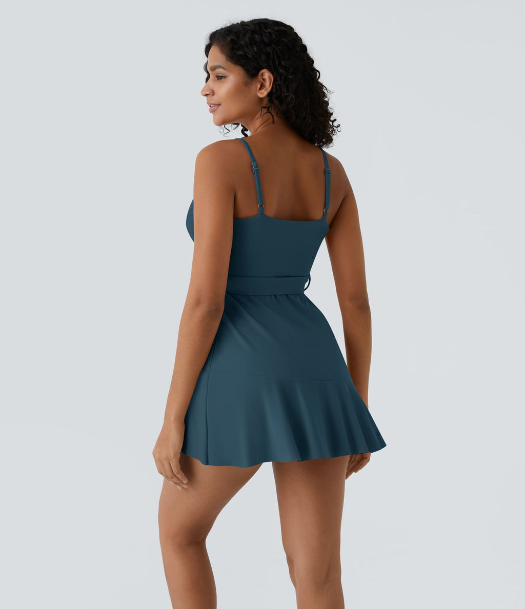 Robe décontractée mini 2-pièces col V liens latéraux volant fluide avec poche A-D