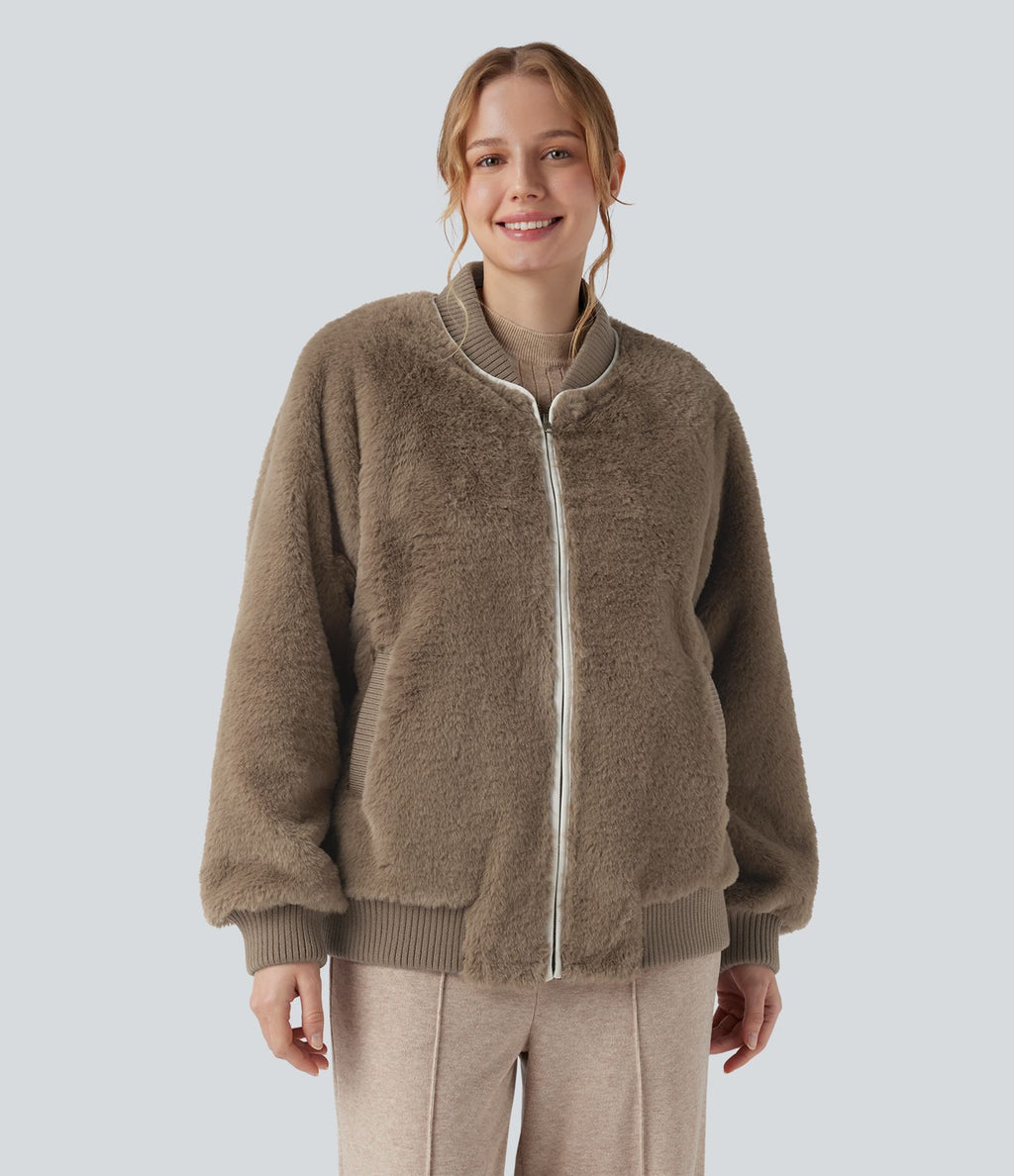Veste bomber sherpa zippée à manches longues avec poches