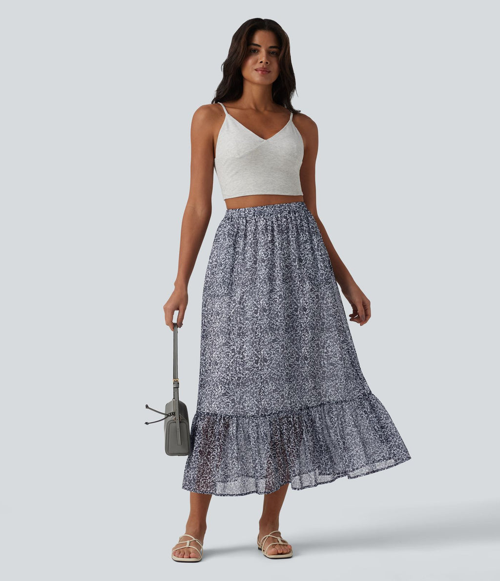 Jupe mi-longue fluide casual imprimé floral taille haute avec poches