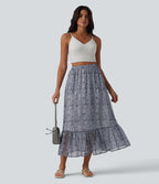 Jupe mi-longue fluide casual imprimé floral taille haute avec poches