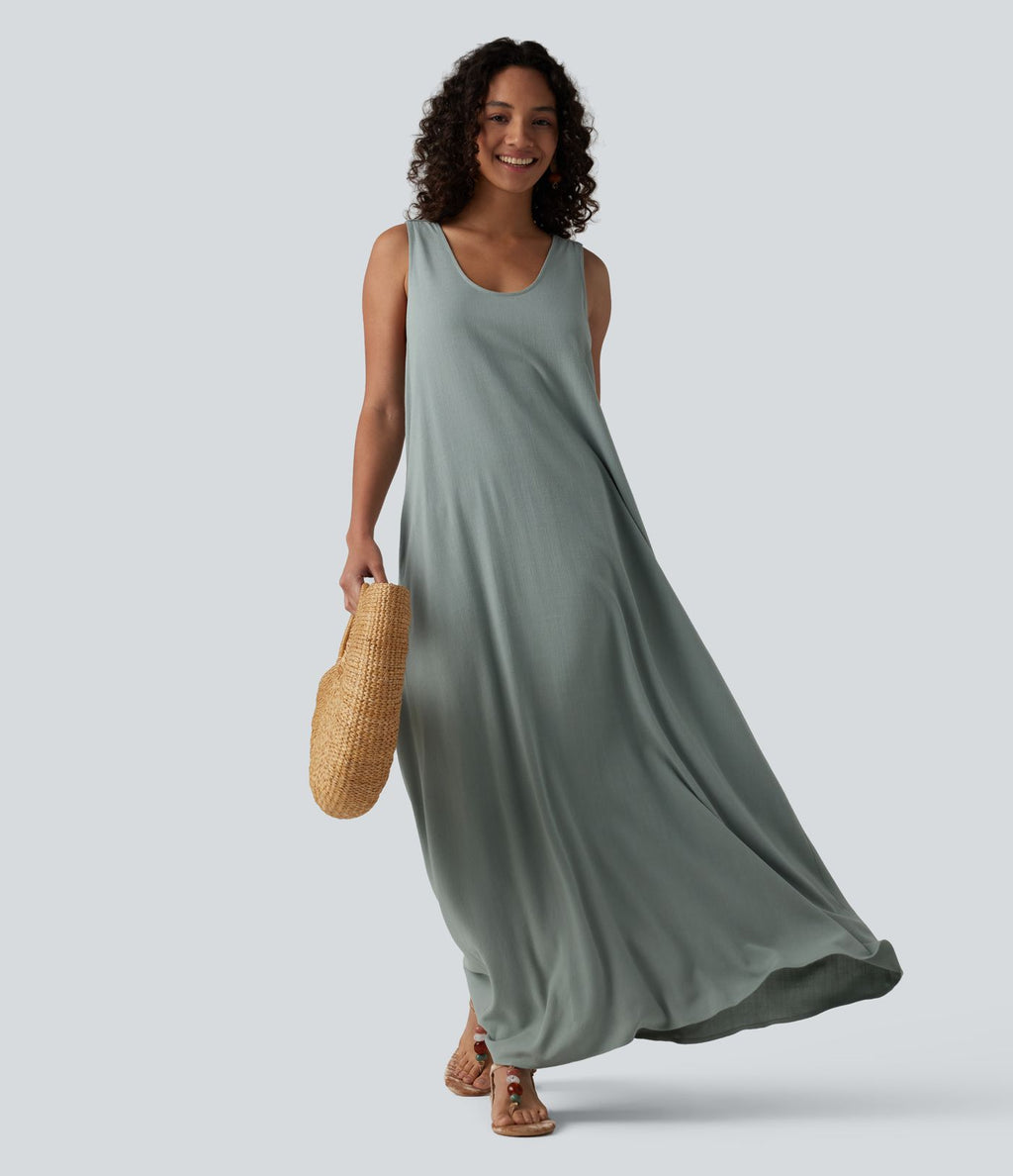 Robe maxi fluide de vacances en mélange de lin col U sans manches dos torsadé à poches