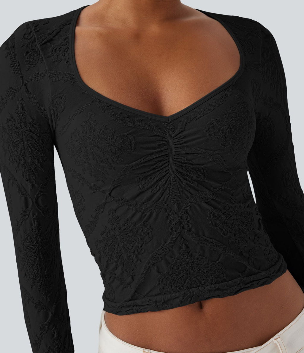 Haut de sport décolleté cœur jacquard à manches longues sans couture OneForm Seamless Flow