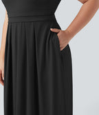 Robe longue évasée décontractée grande taille col officier manches courtes avec poches