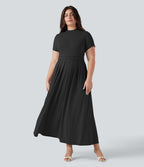 Robe longue évasée décontractée grande taille col officier manches courtes avec poches
