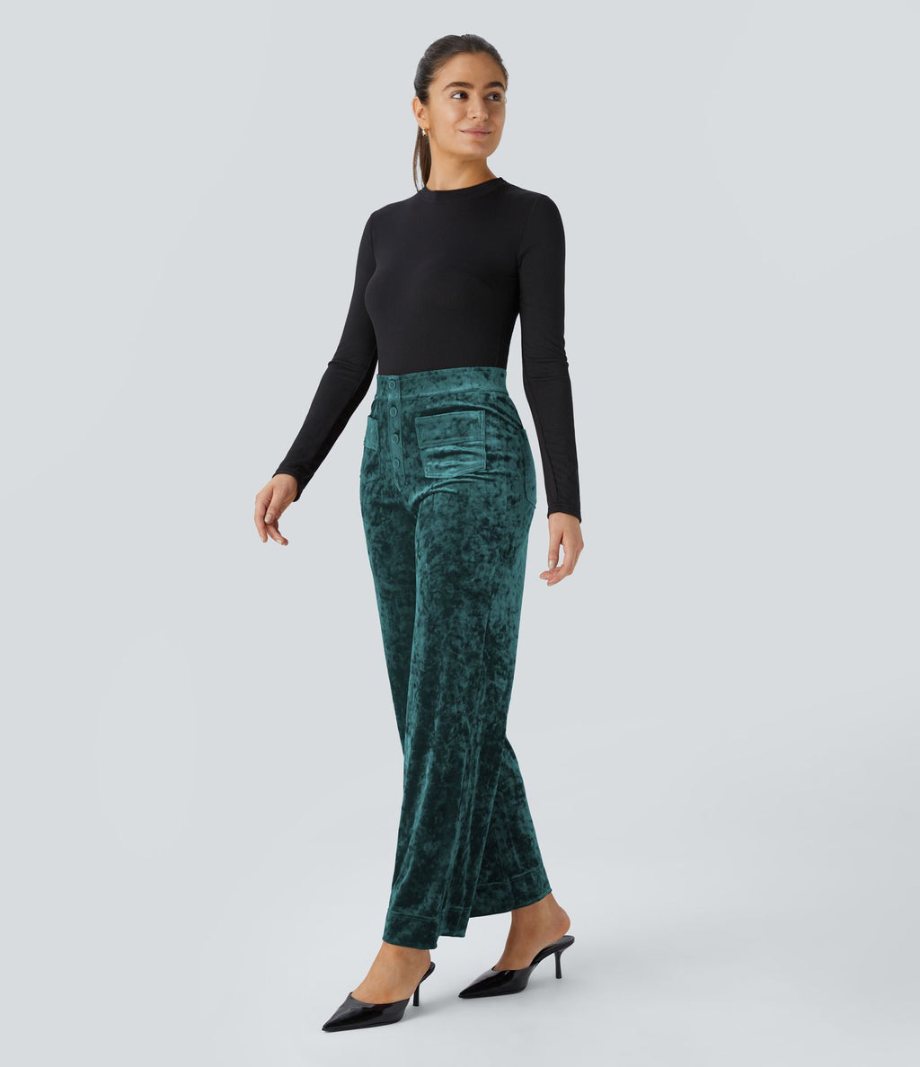 Pantalon Casual en Velours Taille Haute avec Bouton Multipoches Droites