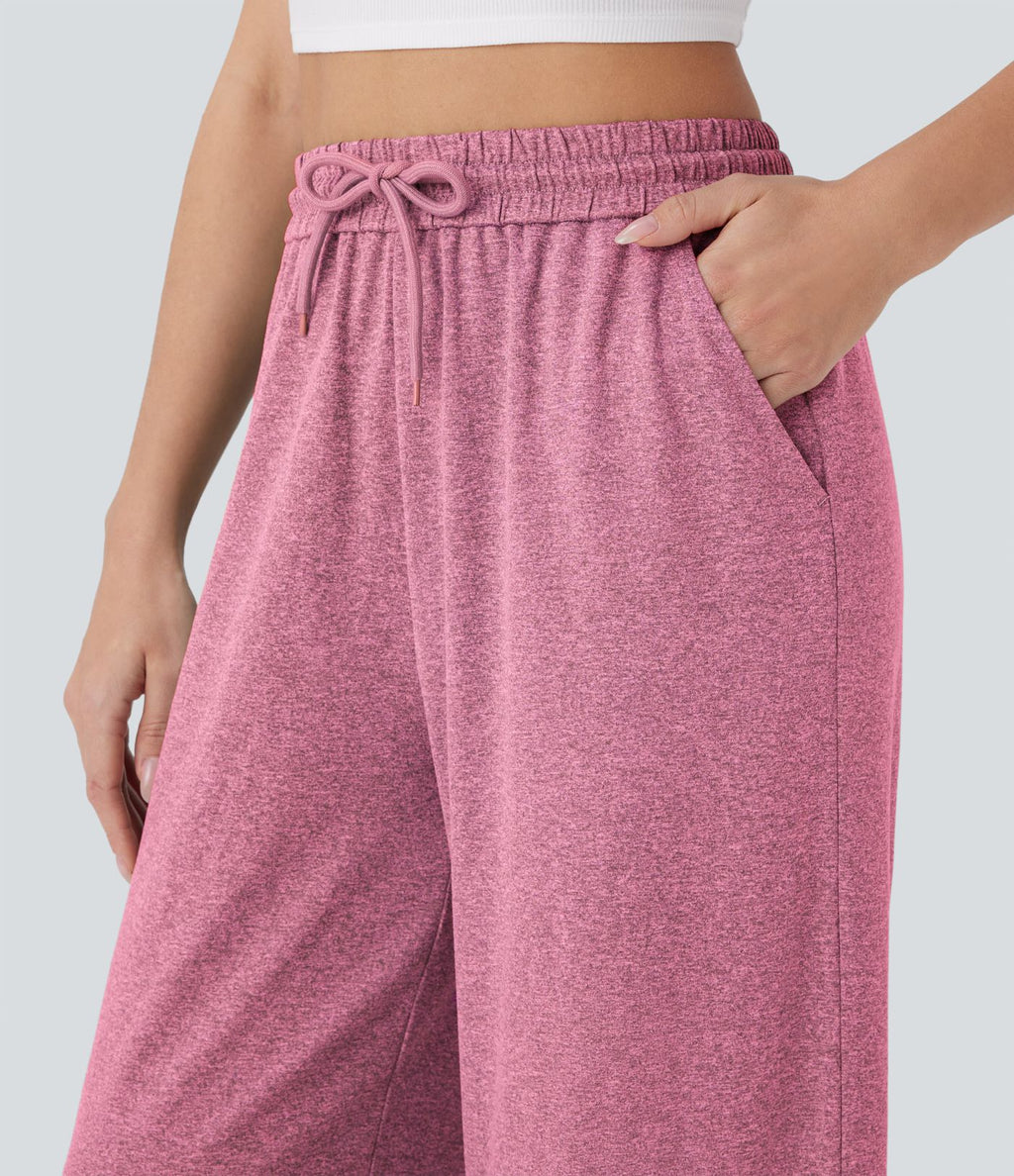 Pantalon large décontracté taille haute avec cordon de serrage et poches latérales