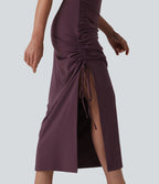 Robe midi moulante à col en V rembourrage non amovible et fronces à cordon