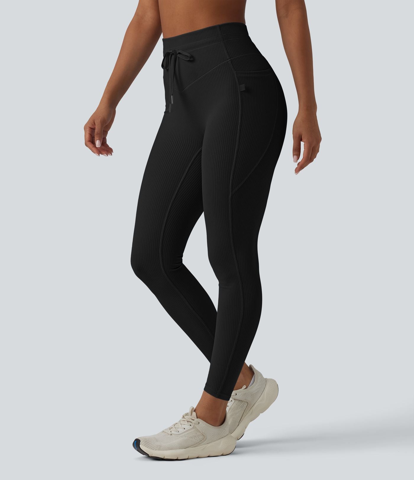 Legging de sport maille côtelée gainant à séchage rapide taille haute avec cordon de serrage et poches - UPF50+