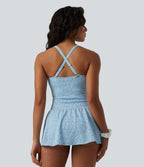 Maillot de bain une pièce 2-en-1 col V en jacquard avec nœud frontal, bretelles réglables, effet push-up, ventre plat et fronces