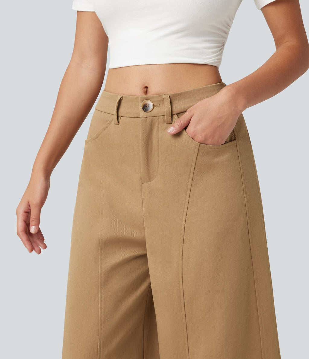 Pantalon casual taille mi-haute coupe barrel avec poches