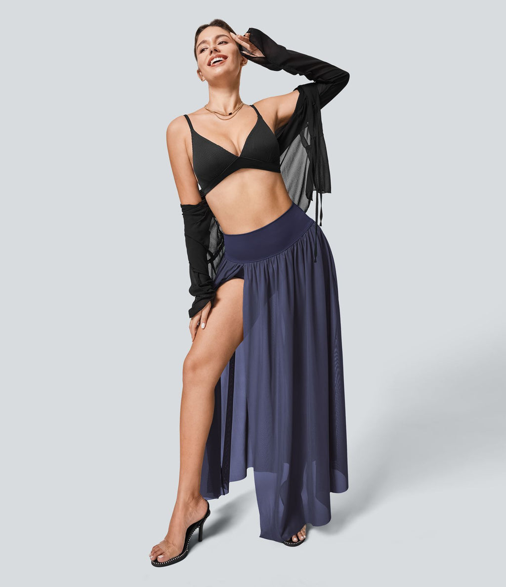 Jupe Casual Taille Haute Maxi Fluide Mesh Fente Plissée 2 en 1