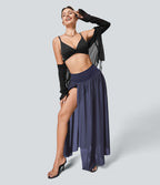 Jupe Casual Taille Haute Maxi Fluide Mesh Fente Plissée 2 en 1