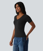 Halara T-shirt décontracté en jersey de coton col V manches courtes avec soutien-gorge intégré bonnets B-DD