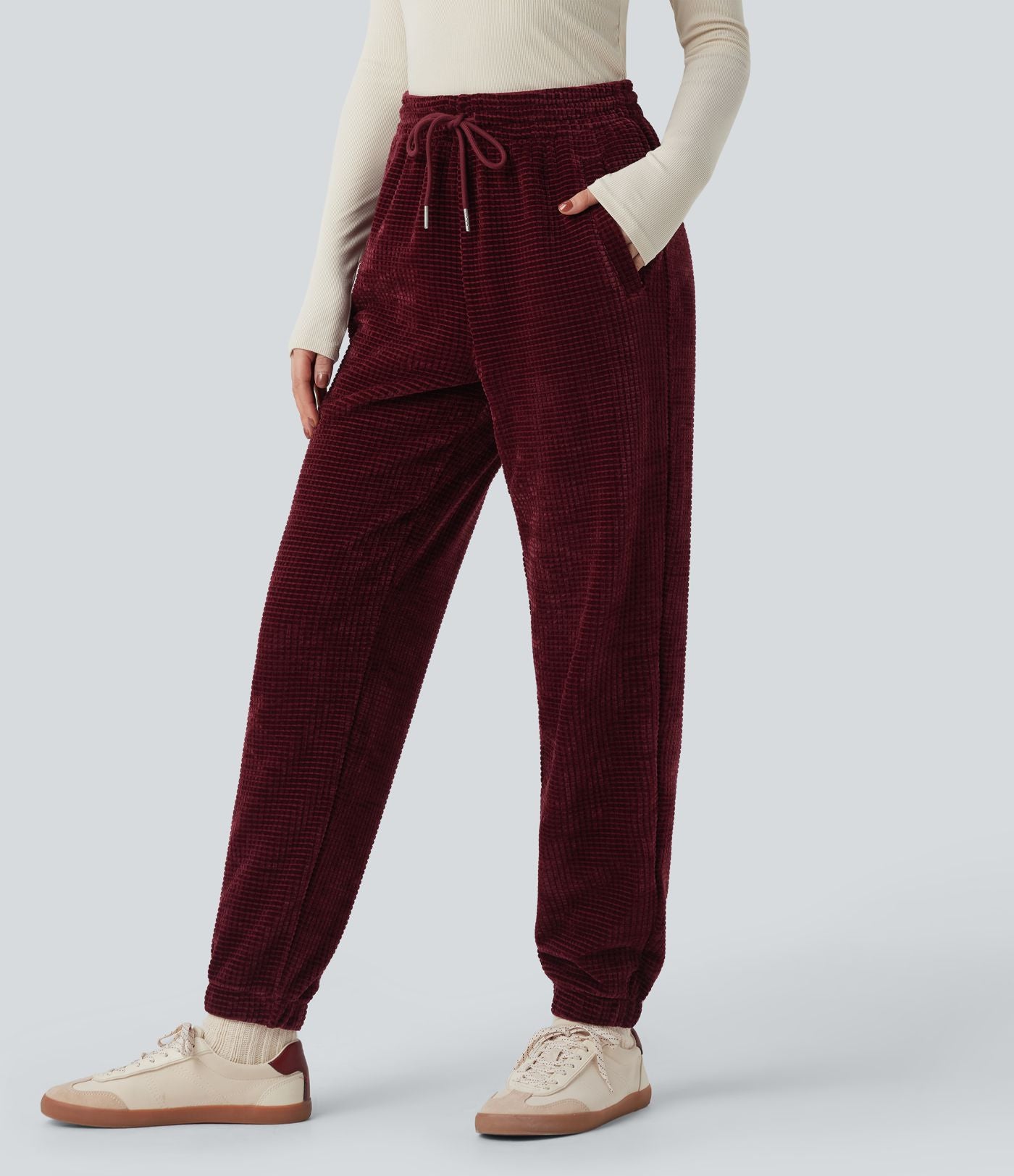 Pantalon décontracté chenille gaufré taille haute avec cordon de serrage et poches