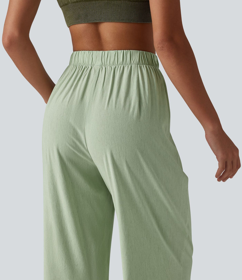 Pantalon casual 7/8 aspect lin stretch coupe droite taille haute avec poches