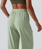 Pantalon casual 7/8 aspect lin stretch coupe droite taille haute avec poches